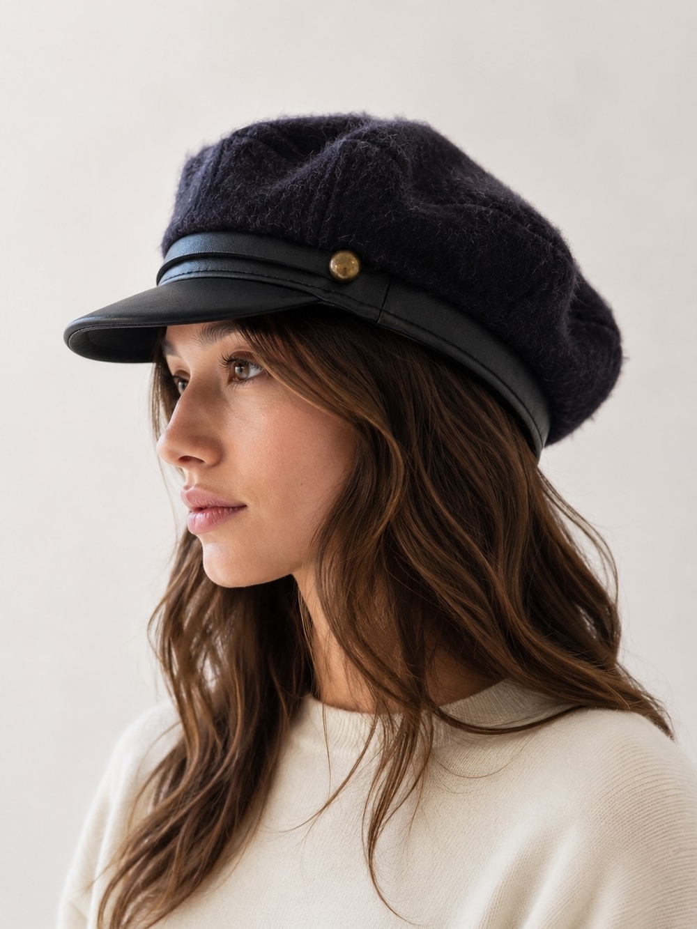 Eugenia Kim Black Wool-Blend Baker Boy Hat with Black Leather Visor
